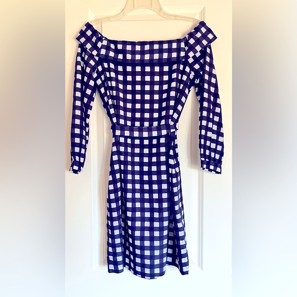 Banana Republic Navy + White Checkered Off-Shoulder Long Sleeve Dress XS Petite